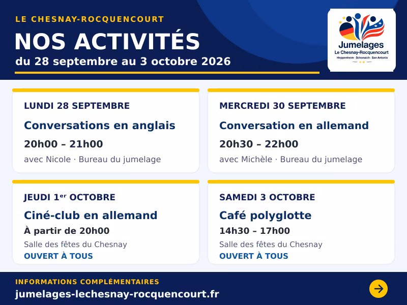 Nos activités du 28 septembre au 3 octobre 2026